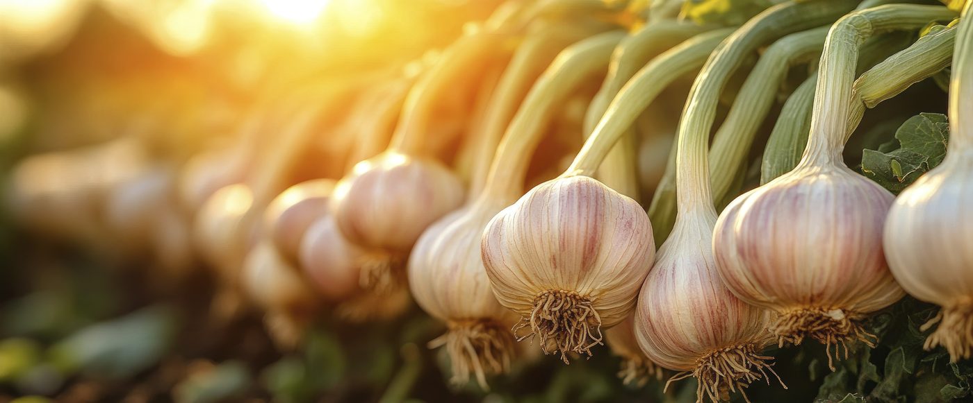 Freshly harvested garlic bulbs held in a field at sunset